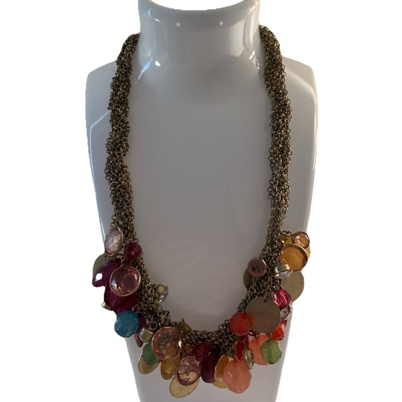 Vintage Statement Necklace Twisted Gold Tone Multi Color Stone Chunky Pastels - Picture 1 of 7